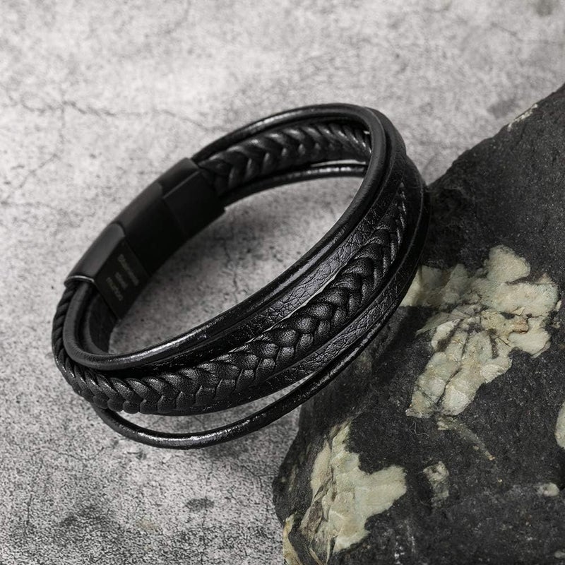 Murtoo Mens Leather Bracelet with Clasp Cowhide Multi-Layer Braided Leather Mens Bracelet - Image 3